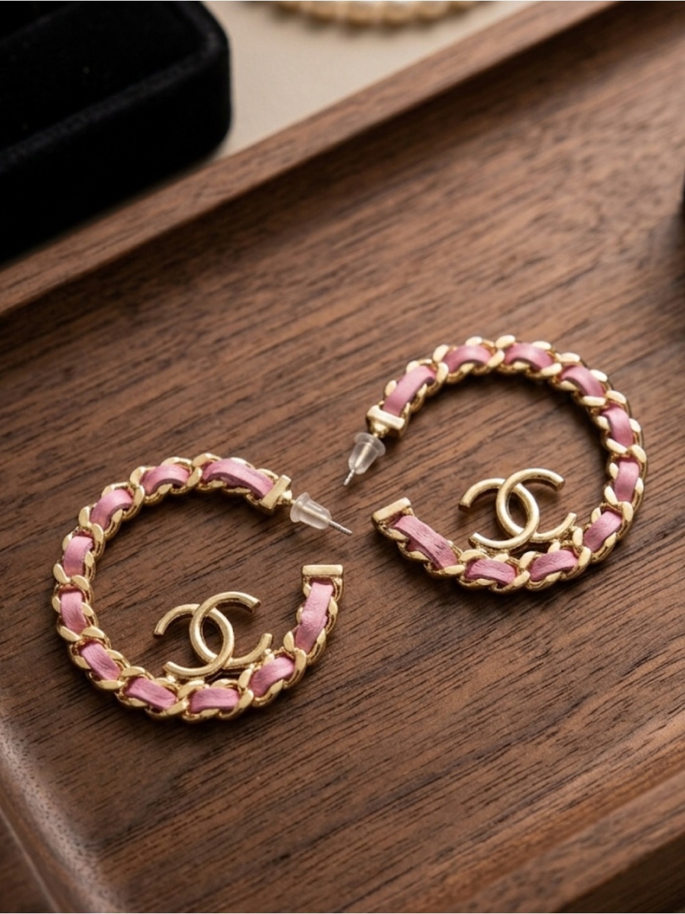Pink and Gold Interlaced CC Hoop Earrings